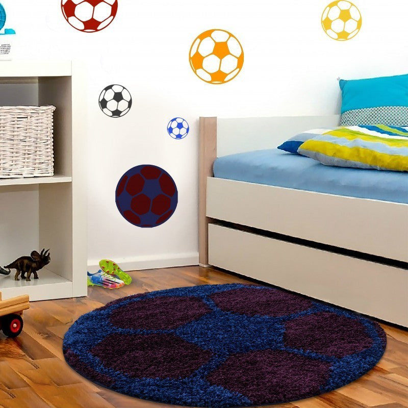 Kinderteppich für Kinderzimmer Fussball form Hochflor Teppich Bordeaux-Navy
