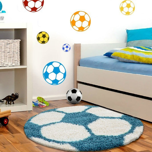 Kinderteppich für Kinderzimmer Fussball form Hochflor Teppich Türkis-Weiss