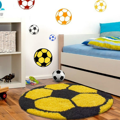 Kinderteppich für Kinderzimmer Fussball form Hochflor Teppich Gelb-Schwarz
