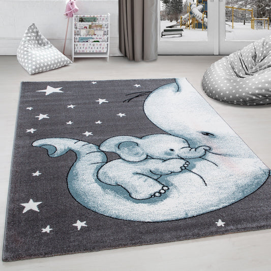 Kinderteppich Kinderzimmer Teppich niedlicher Elefantenbaby Stern Grau-Weiß-Blau