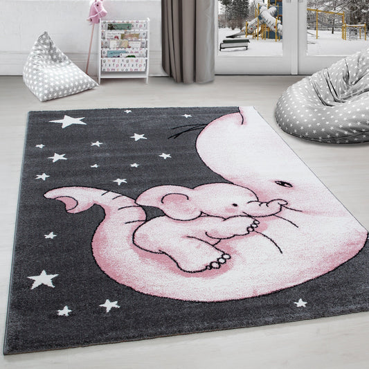 Kinderteppich Kinderzimmer Teppich niedlicher Elefantenbaby Stern Grau-Weiß-Pink