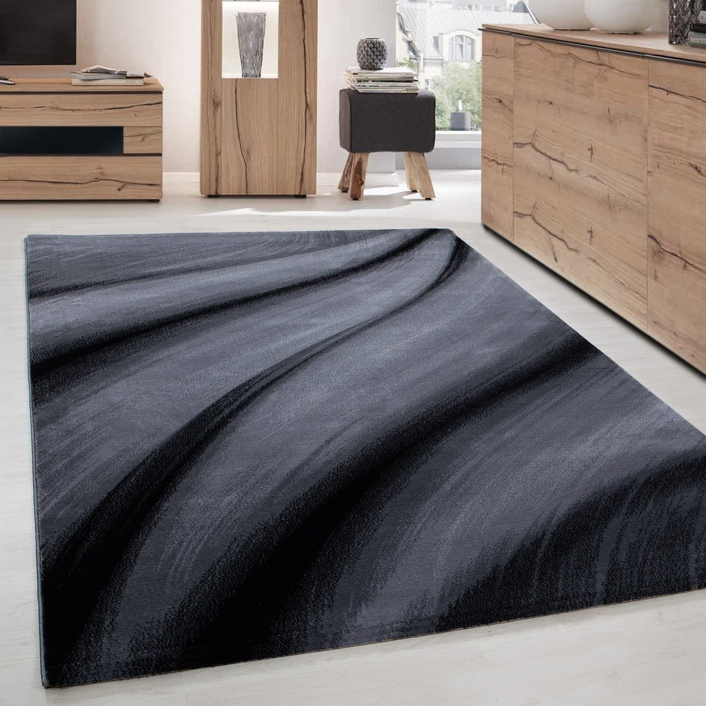 Moderner Designer Wohnzimmer Teppich Wellendesign Miami 6630 Schwarz-Grau