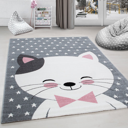 Kinderteppich Kinderzimmer Teppich Katze Sternmotiv Grau-Weiß-Pink