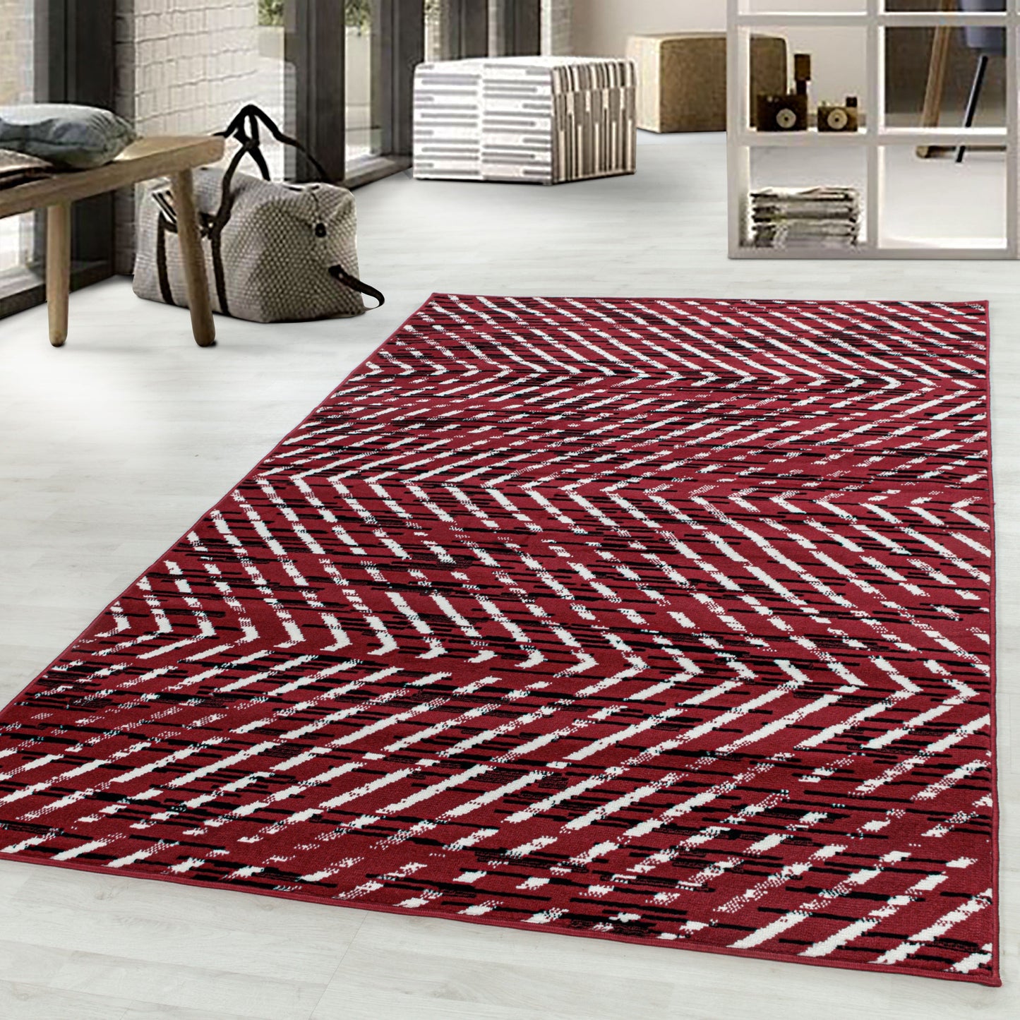 Wohnzimmerteppich Kurzflor Teppich Modernes Struktur Muster Flor Weich Rot