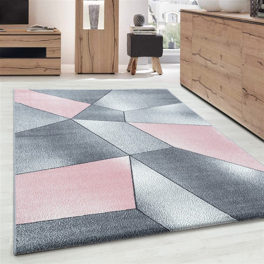 Teppich Modern Designer Kurzflor Geometrisches Design Grau Pink Weiß