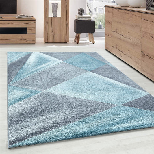 Teppich Modern Designer Geometrische Muster Kurzflor Grau Blau Weiß Meliert