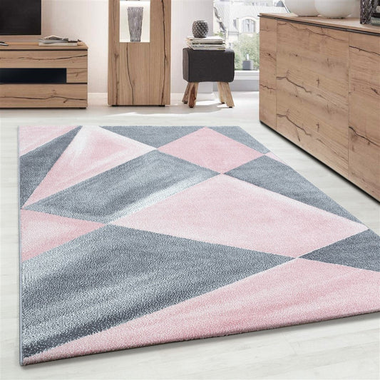 Teppich Modern Designer Geometrische Muster Kurzflor Grau Pink Weiß Meliert