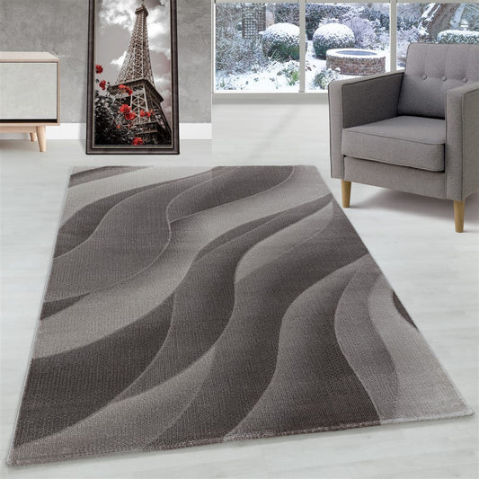 Wohnzimmerteppich Kurzflor Teppich 3-D Design Muster Wellen Soft Flor Braun