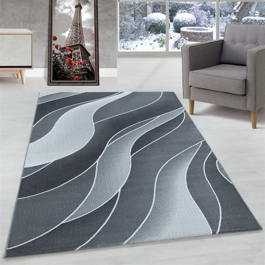 Wohnzimmerteppich Kurzflor Teppich 3-D Design Muster Wellen Soft Flor Grau