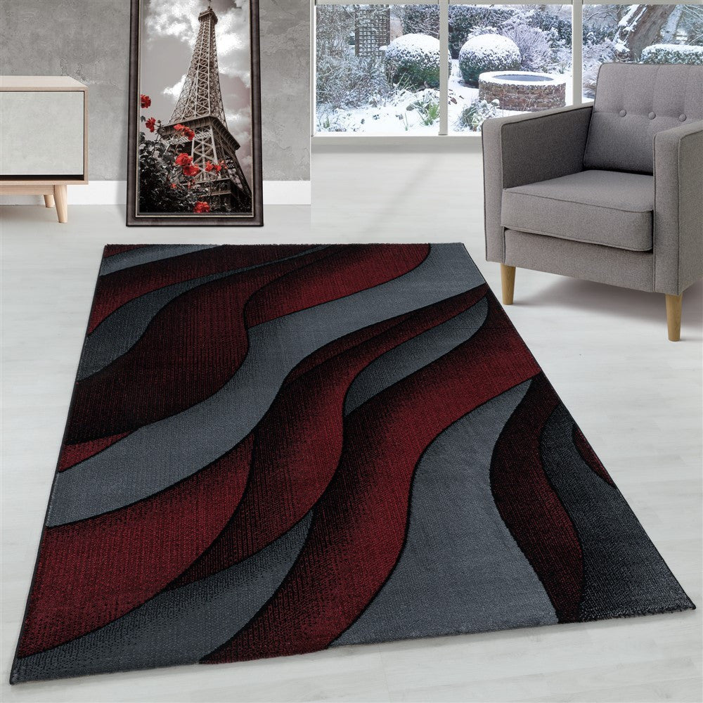 Wohnzimmerteppich Kurzflor Teppich 3-D Design Muster Wellen Soft Flor Rot
