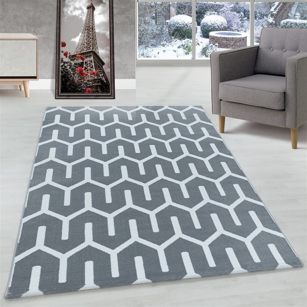 Wohnzimmerteppich Kurzflor Teppich Gitter Design Soft Flor Grau