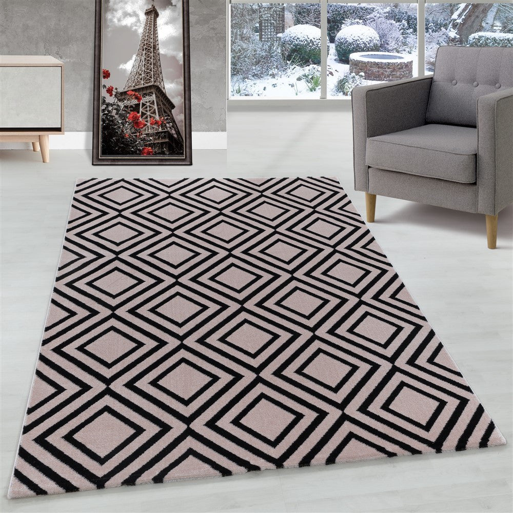 Wohnzimmerteppich Kurzflor Teppich Rauten Gitter Design Soft Flor Pink