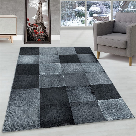 Wohnzimmerteppich Kurzflor Teppich Viereck Gitter Design Schwarz