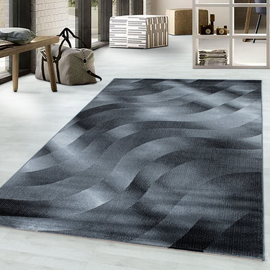 Kurzflor Teppich Wohnzimmerteppich Soft Flor Wellen Design Schwarz