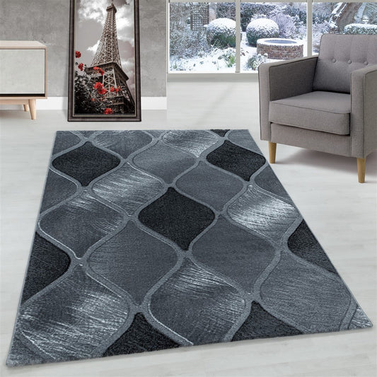 Wohnzimmerteppich Kurzflor Teppich Rundes Gitter Design Schwarz