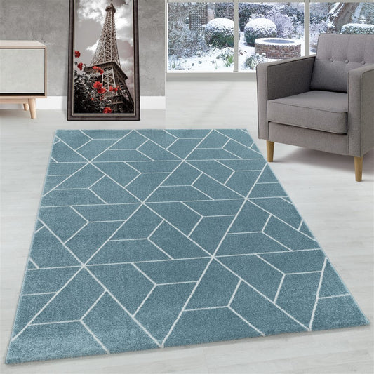 Wohnzimmerteppich Kurzflor Teppich Design Geometrische Linien Blau