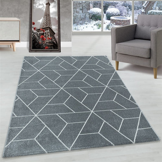 Wohnzimmerteppich Kurzflor Teppich Design Geometrische Linien Grau
