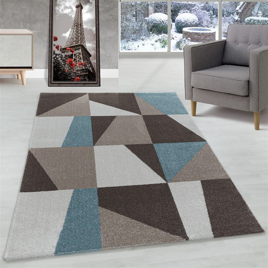 Wohnzimmerteppich Kurzflor Teppich Design Zipcode Dreieck Trapez Blau