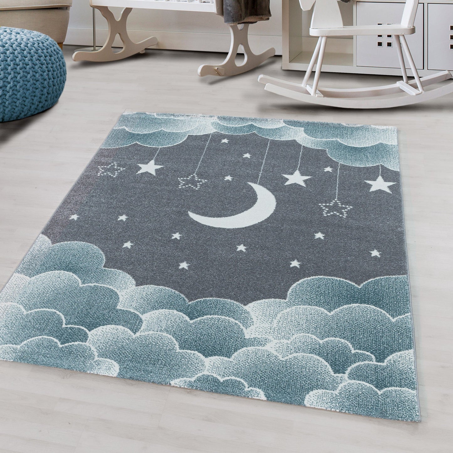 Kurzflor Kinderteppich Kinderzimmer Muster Sternenhimmel Mond Wolken Blau