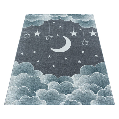 Kurzflor Kinderteppich Kinderzimmer Muster Sternenhimmel Mond Wolken Blau