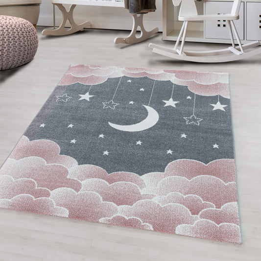 Kurzflor Kinderteppich Kinderzimmer Teppich Sternenhimmel Mond Wolken Rosa