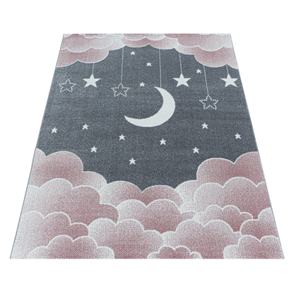 Kurzflor Kinderteppich Kinderzimmer Teppich Sternenhimmel Mond Wolken Rosa