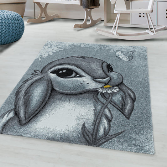 Kurzflor Kinderteppich Kinderzimmer Teppich Design Hase Bunny Blau