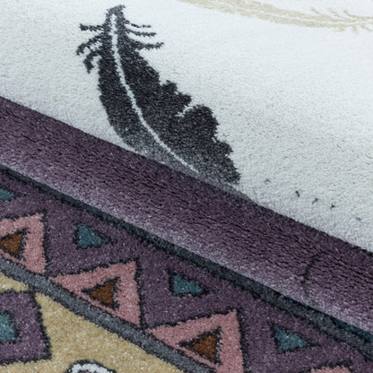Kurzflor Kinderteppich Design Indianer Bär Feder Kinderzimmer Teppich Violet