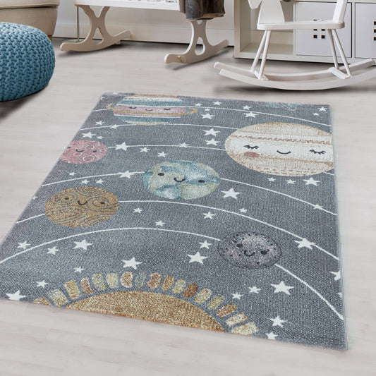 Kurzflor Kinderteppich Planet Weltall Sonne Mond Kinderzimmer Teppich Grau