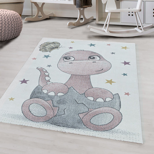 Kurzflor Kinderteppich Design Dino Baby Saurier Kinderzimmer Teppich Rosa