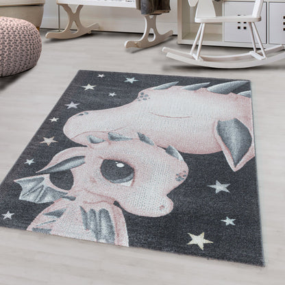 Kurzflor Kinderteppich Design Drachen Baby Saurier Kinderzimmer Teppich Pink