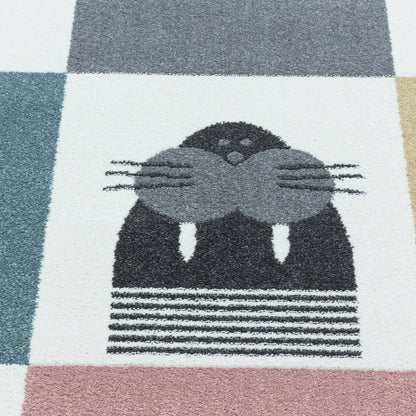 Kurzflor Kinderteppich Design Walross Hase Bär Kinderzimmer Teppich Mehrfarbig