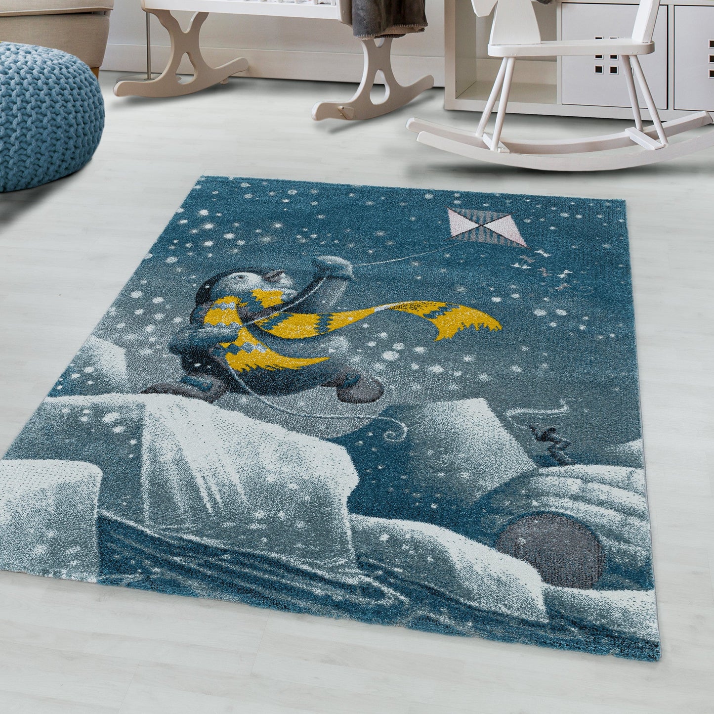 Kurzflor Kinderteppich Design Blau Pinguin Iglu Kinderzimmerteppich Weich