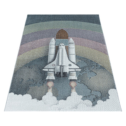 Kurzflor Kinderteppich Rakete Raumschiff Shuttle Kinderzimmer Teppich Blau