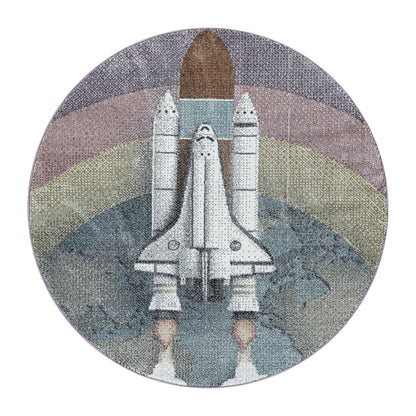 Kurzflor Kinderteppich Rakete Raumschiff Shuttle Kinderzimmer Teppich Blau