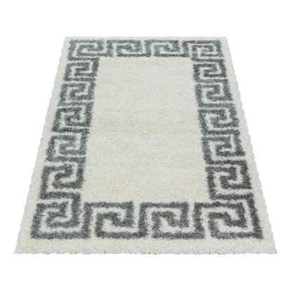 Wohnzimmerteppich Design Hochflor Teppich Muster Antike Bordüre Farbe Creme