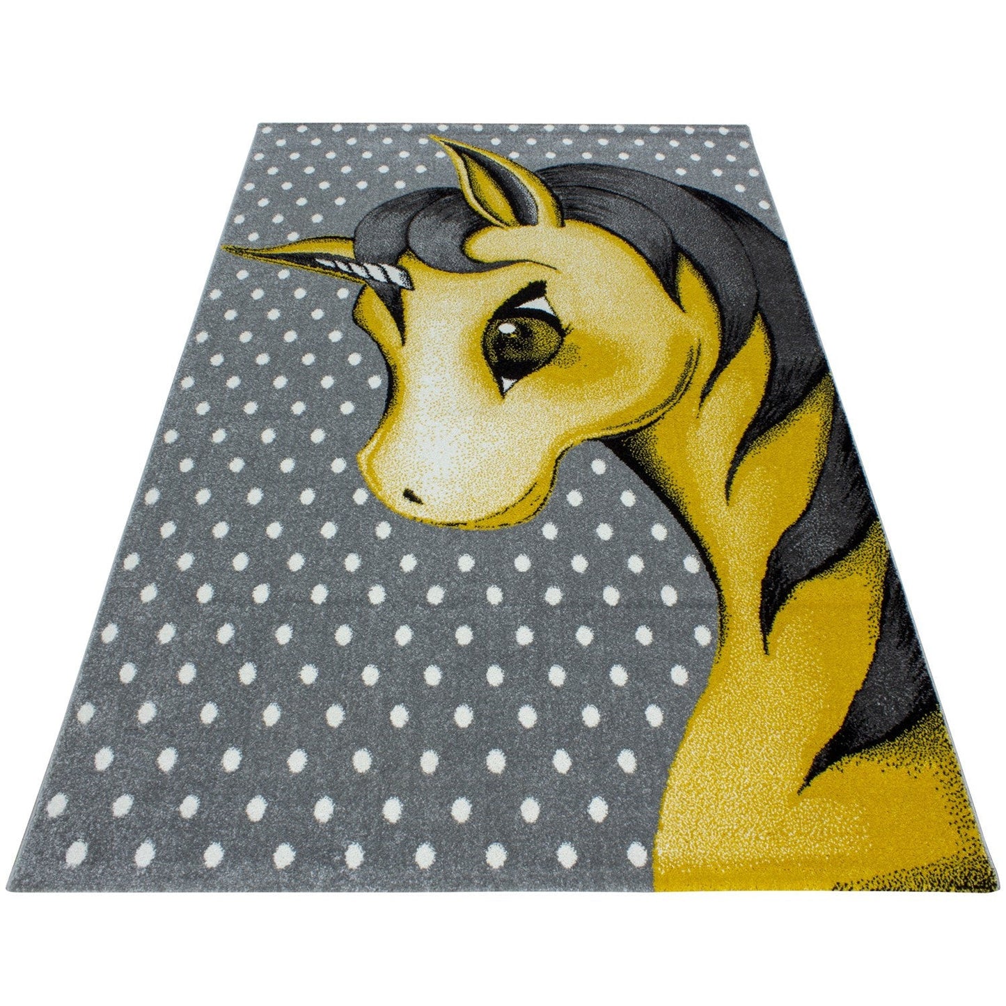Kinderteppich Kinderzimmer Teppich Einhorn Muster Grau-Weiß-Gelb