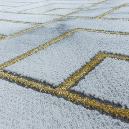 Wohnzimmerteppich Kurzflor Teppich Muster Marmoriert Linien Karo Gold