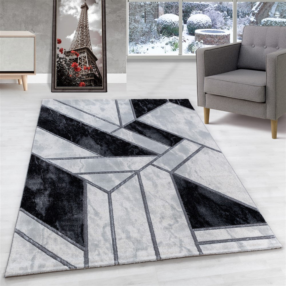 Wohnzimmerteppich Kurzflor Teppich Marmor Design Abstrakt Linien Silber