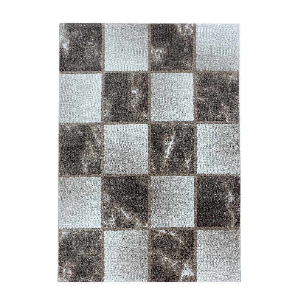 Wohnzimmerteppich Kurzflor Teppich Braun Grau Quadrat Muster Marmoriert Weich