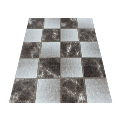 Wohnzimmerteppich Kurzflor Teppich Braun Grau Quadrat Muster Marmoriert Weich