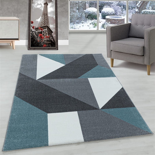 Wohnzimmerteppich Kurzflor Teppich Muster Geometrisch Modern Weich Blau