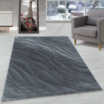 Wohnzimmerteppich Kurzflor Teppich Muster Modern Design Wellen Linien Weich Grau