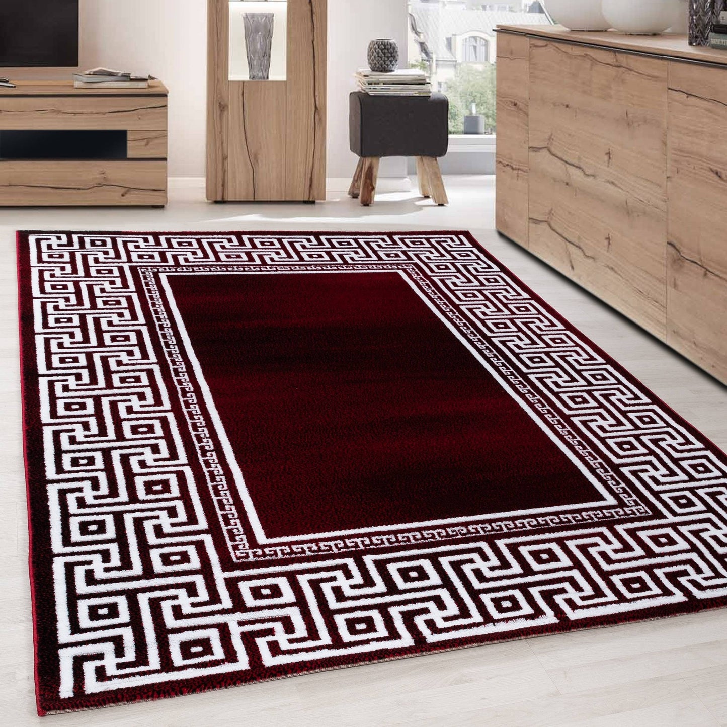 Teppich Modern Designer Geometrisch bordüre  Optik Schwarz Rot Weiß