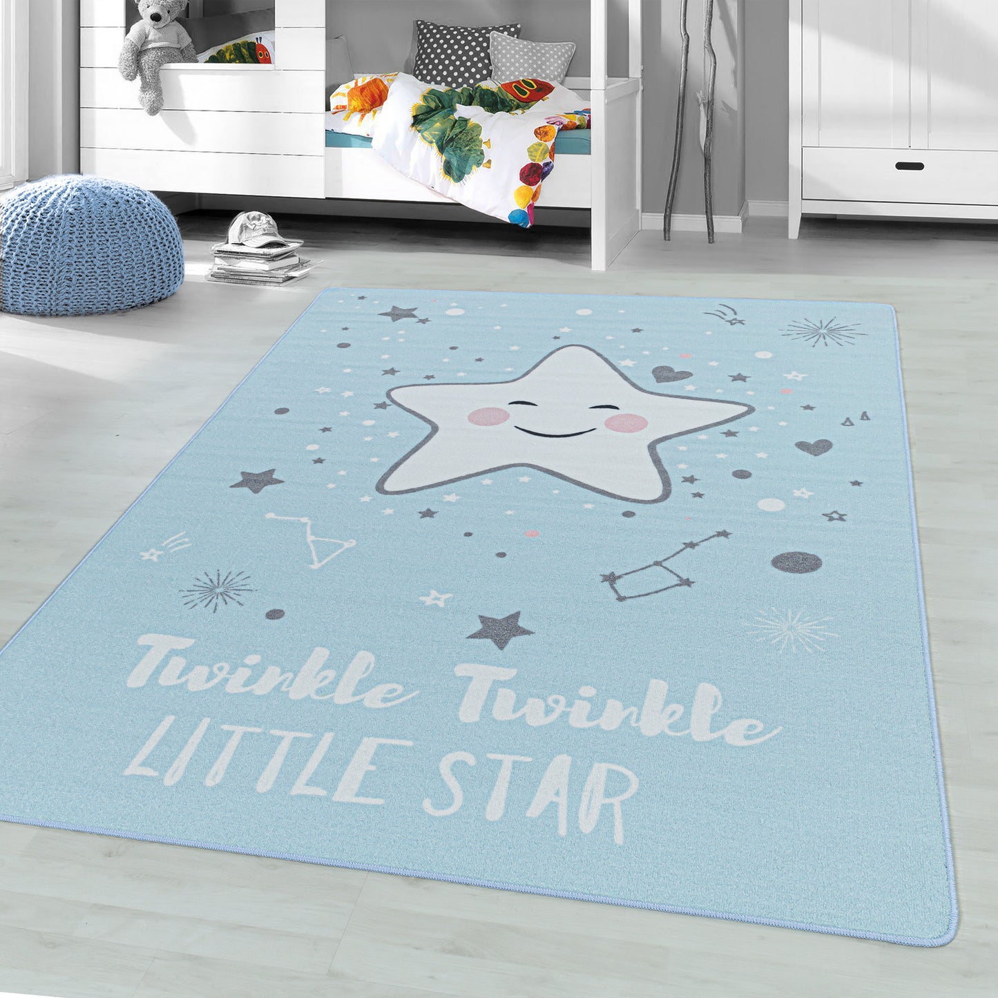 Kurzflor Kinderteppich Spielteppich Kinderzimmer Teppich Motiv Baby Stern Blau