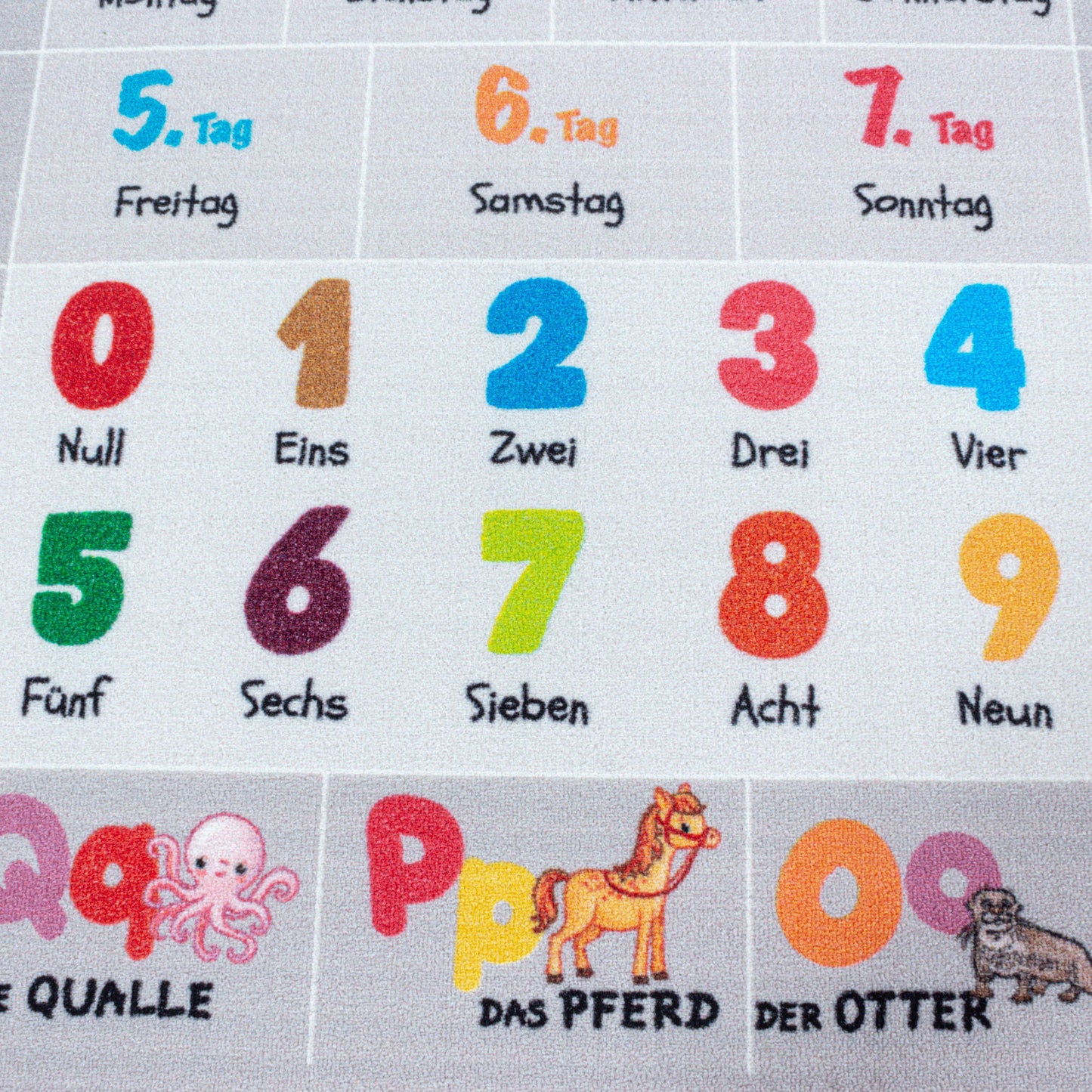 Kurzflor Kinderteppich Spielteppich Teppich Buchstaben Zahlen Jahreszeiten Grau