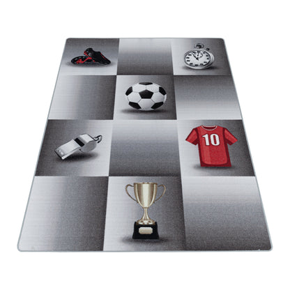 Kurzflor Kinderteppich Spielteppich Teppich Spiel Fussball Trikot Pokal Grau