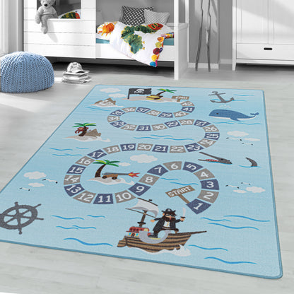 Kurzflor Kinderteppich Spielteppich Kinderzimmer Teppich Seefahrt Piraten Blau