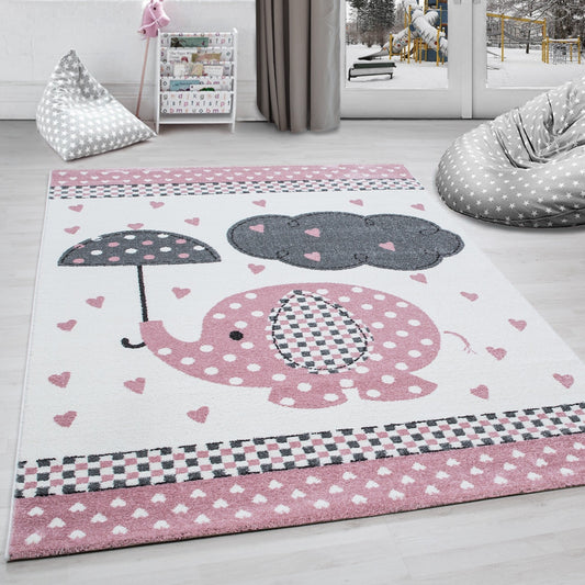 Kinderteppich Kinderzimmer Teppich Elefant Herzregen Grau-Weiß-Pink