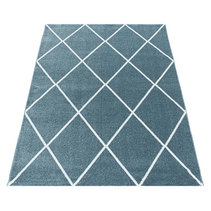 Wohnzimmerteppich Kurzflor Teppich Design Raute Linien Unifarben Blau